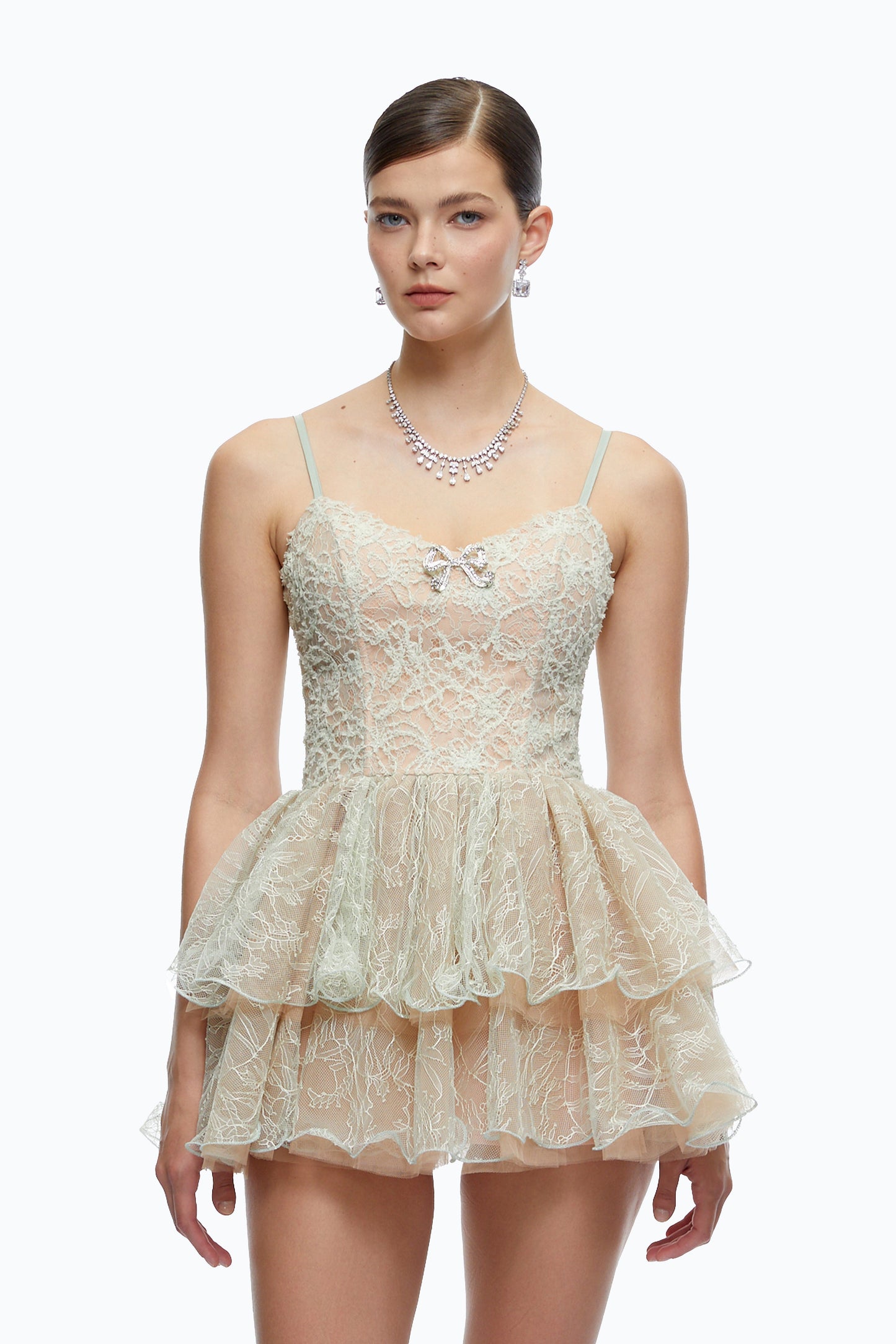 Cassidy Mint Green Lace Ruffled Embellished Mini Dress