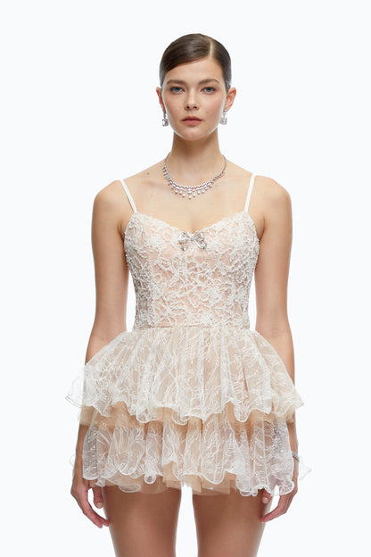 Cassidy Neutral Lace Ruffled Embellished Mini Dress
