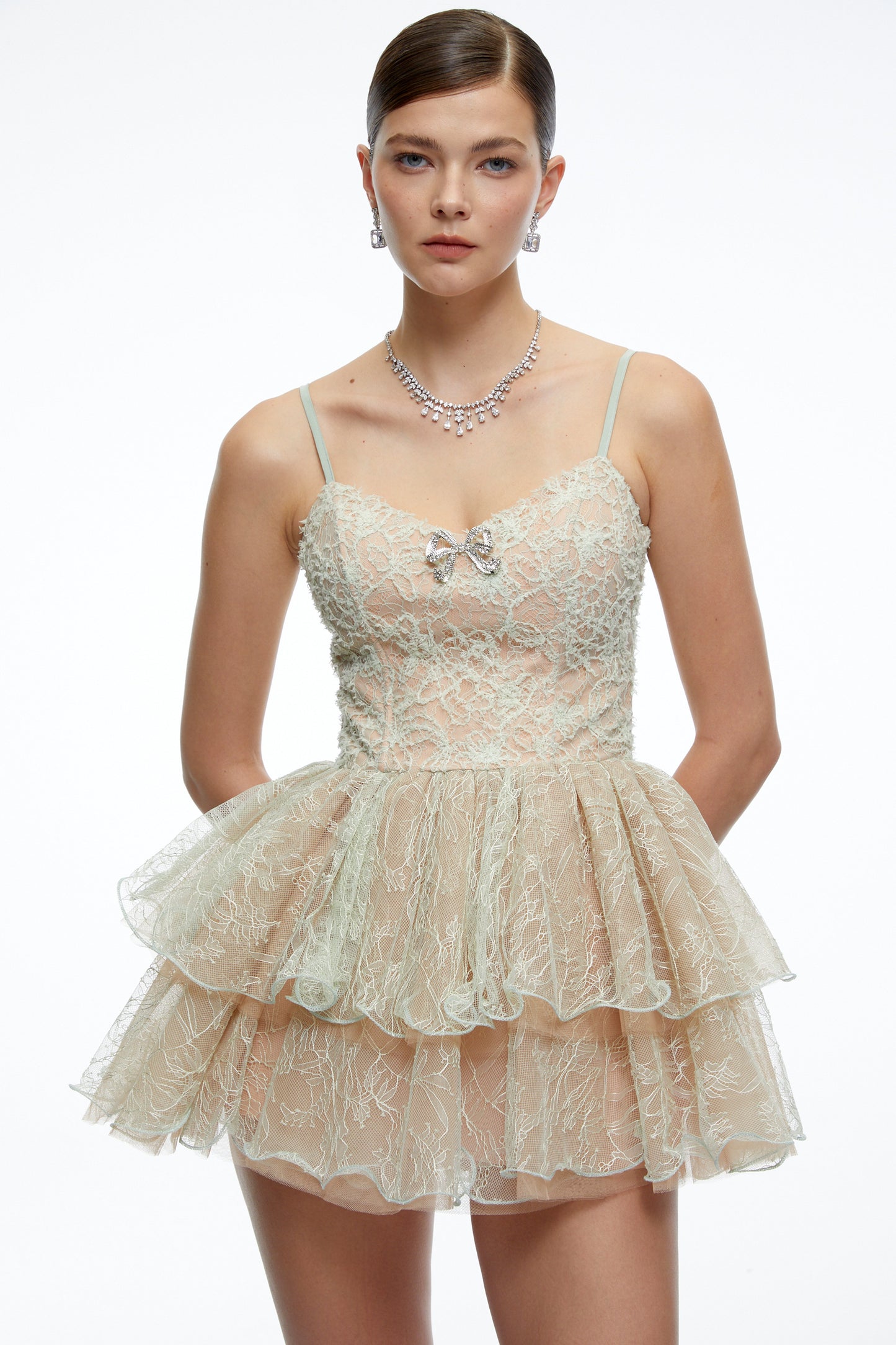 Cassidy Mint Green Lace Ruffled Embellished Mini Dress