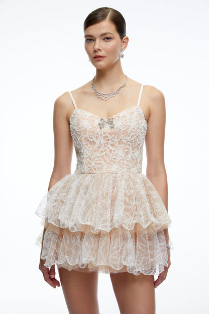 Cassidy Neutral Lace Ruffled Embellished Mini Dress