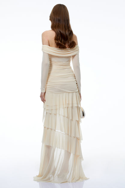 Cassiopeia Cream Asymmetrical Ruched Mini Dress