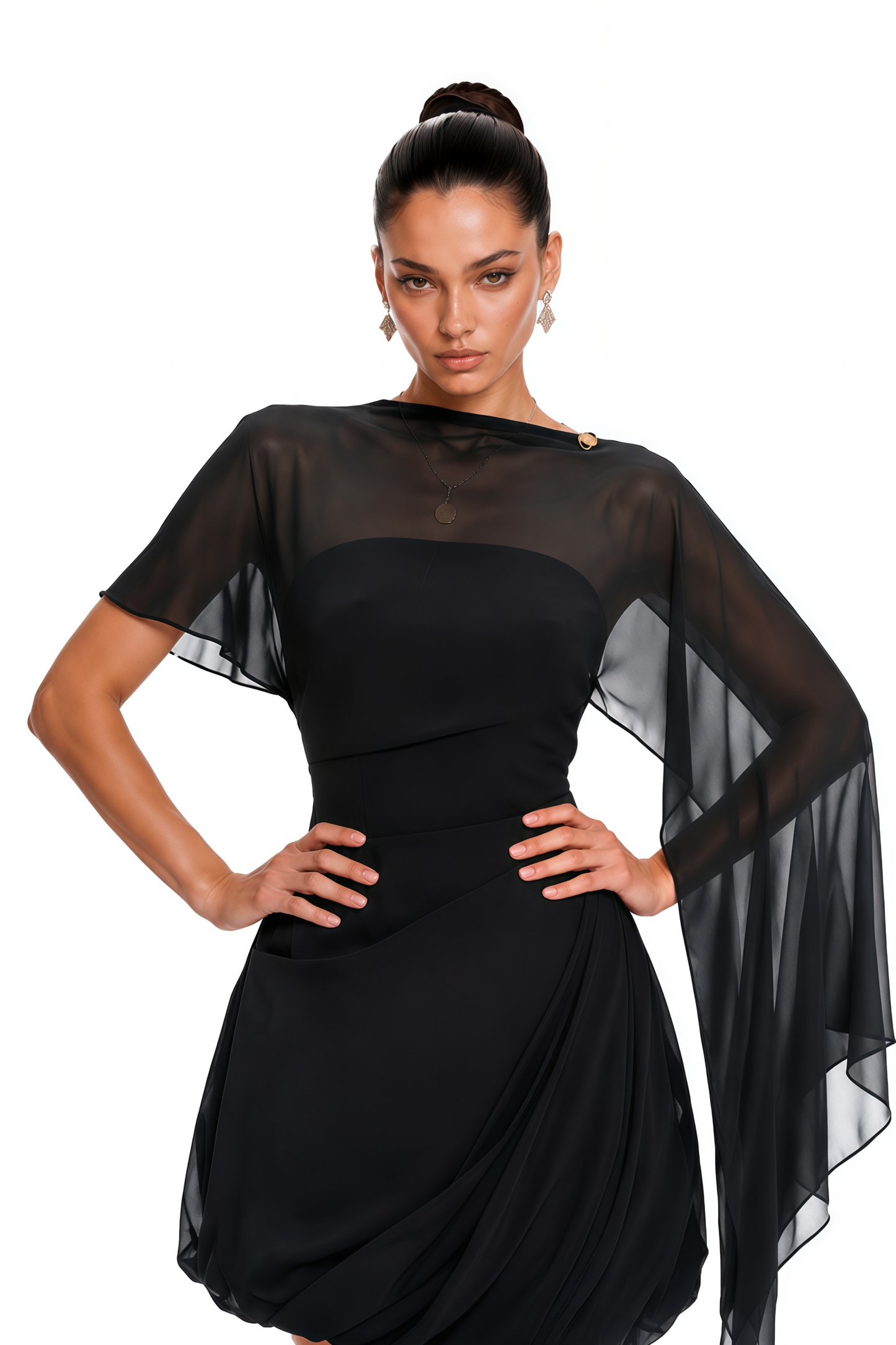 Catalina Black Mini Dress with Mesh Cape Sleeves