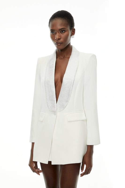 Caterina White Plunge Neck Embellished Blazer