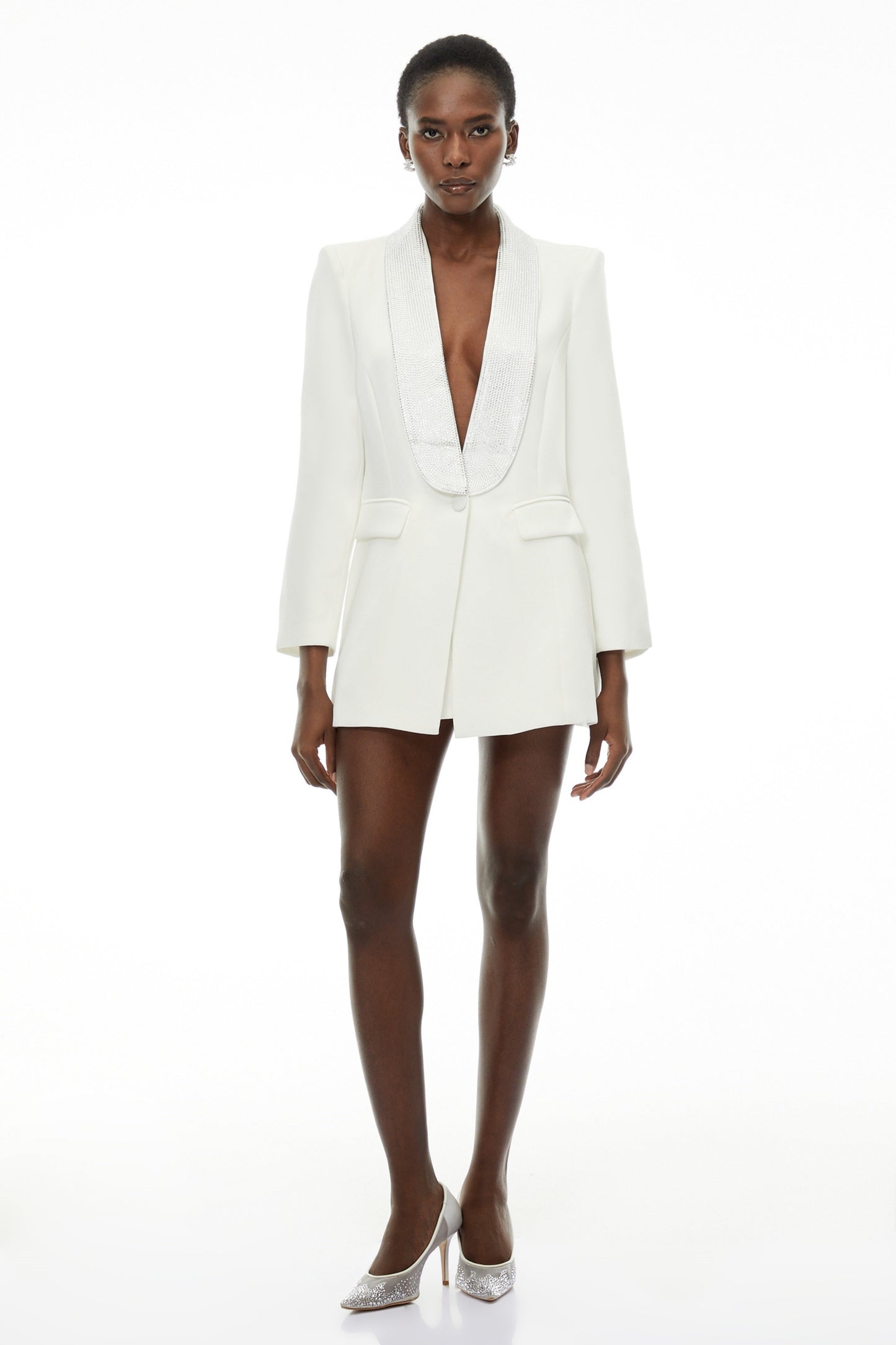 Caterina White Plunge Neck Embellished Blazer