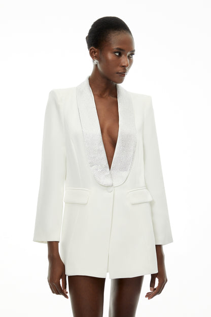 Caterina White Plunge Neck Embellished Blazer