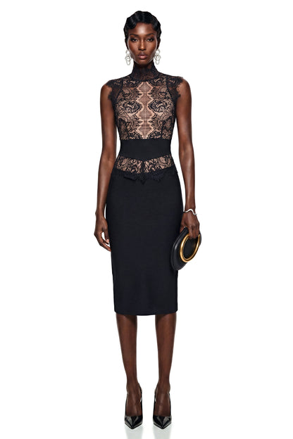 Catherine Black Mock Neck Floral Lace Midi Dress