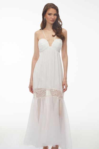 Catherine White Pleated Maxi Dress with Spaghetti Straps