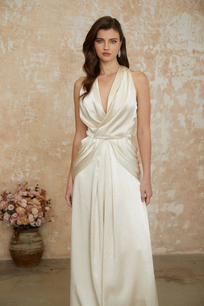 Cathmore Champagne Halterneck Draped Maxi Dress