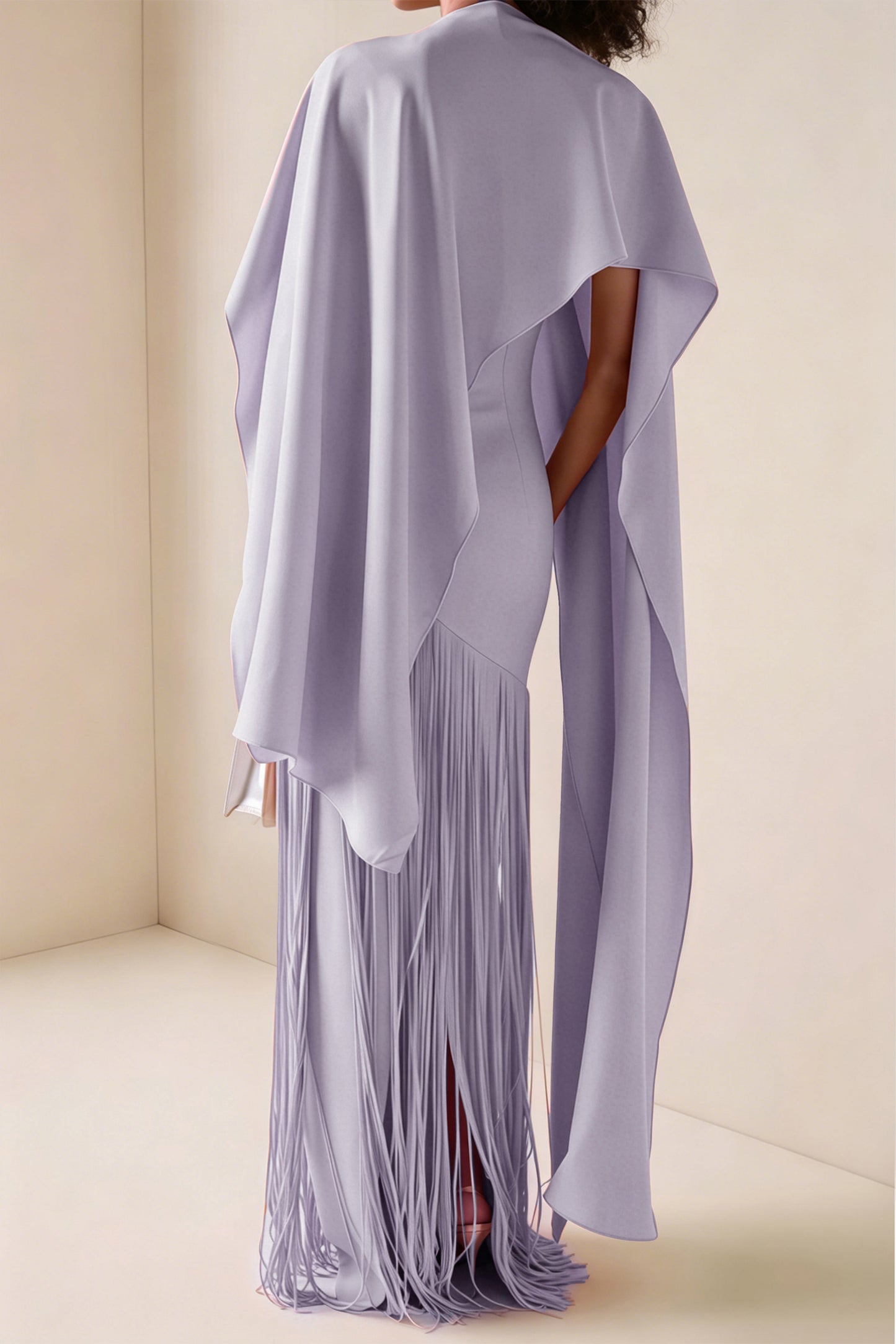 Cayetana Lilac Fringe Maxi Dress with Cape Effect