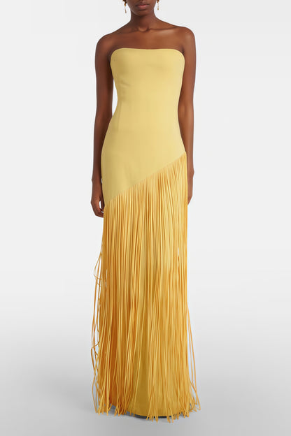 Cayetana Yellow Fringed Maxi Dress with Shawl Detail