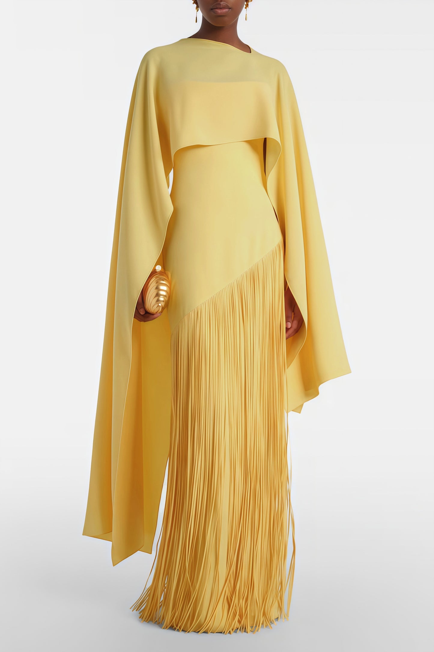 Cayetana Yellow Fringed Maxi Dress with Shawl Detail