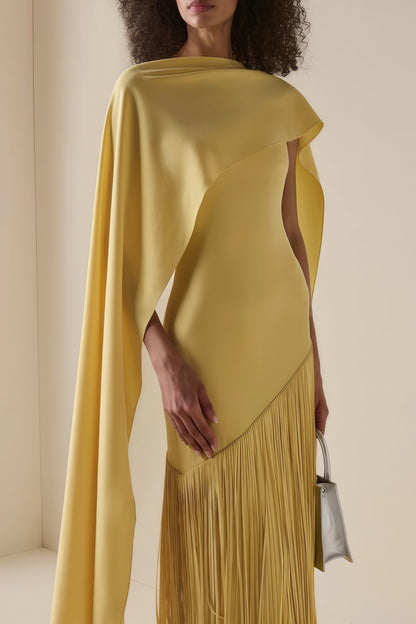 Cayetana Yellow Fringed Maxi Dress with Shawl Detail