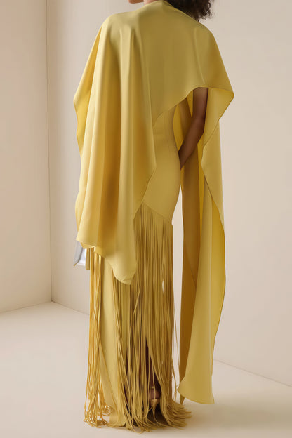 Cayetana Yellow Fringed Maxi Dress with Shawl Detail