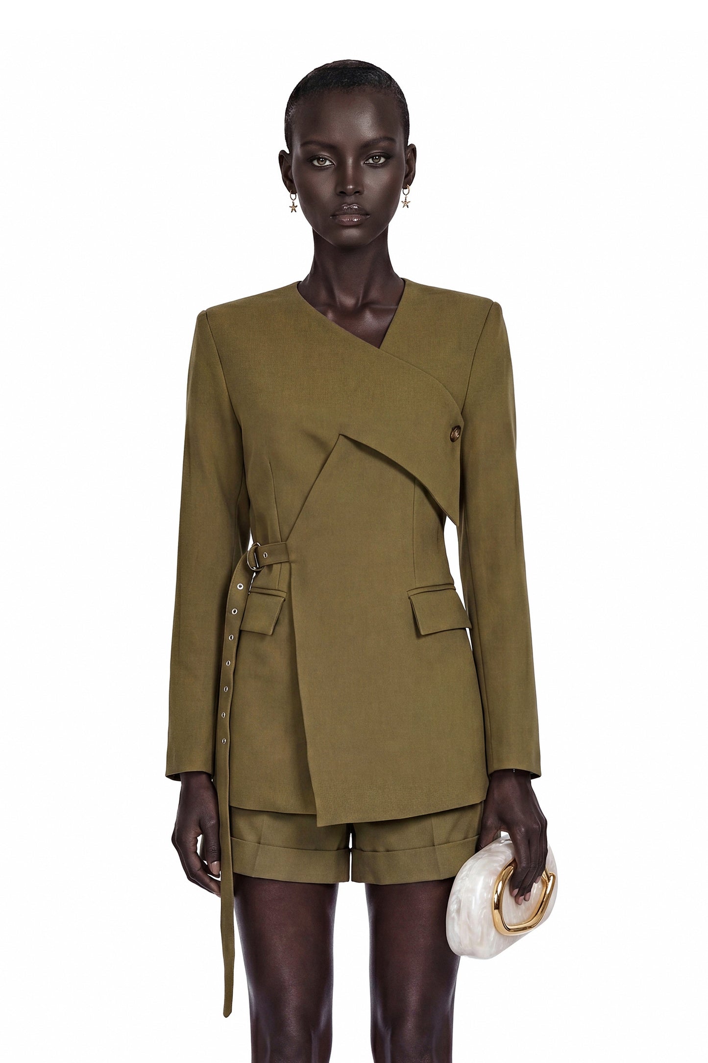 Cecilia Green V-Neck Belted Blazer