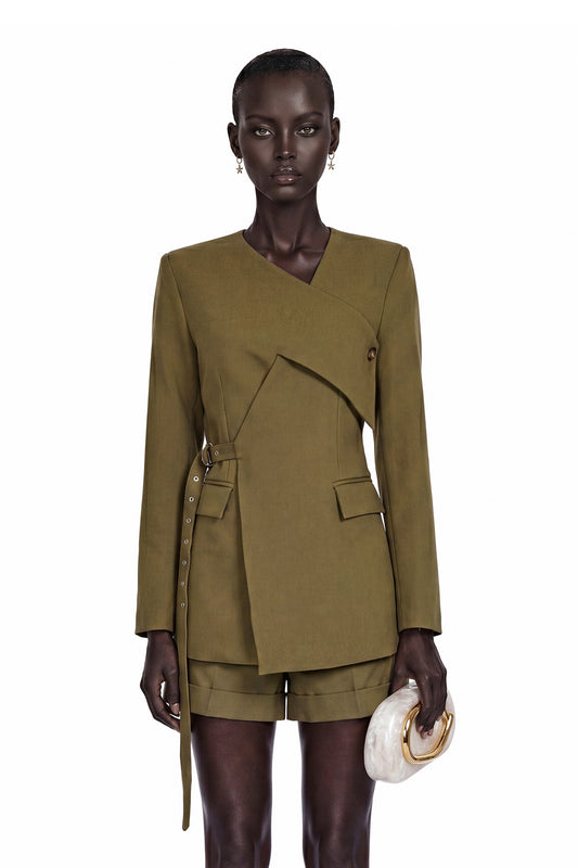 Cecilia Green V-Neck Belted Blazer