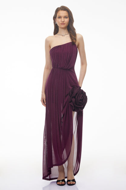 Yelyzaveta Purple Asymmetrical Maxi Dress with 3D Petals
