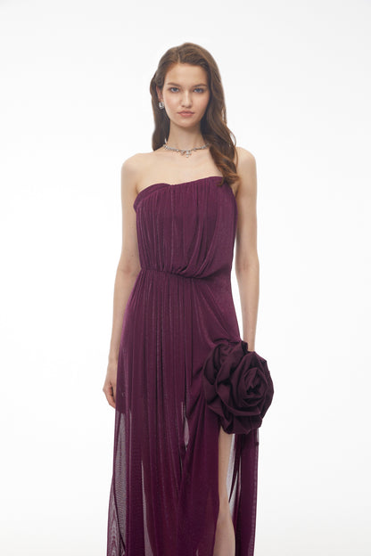 Yelyzaveta Purple Asymmetrical Maxi Dress with 3D Petals