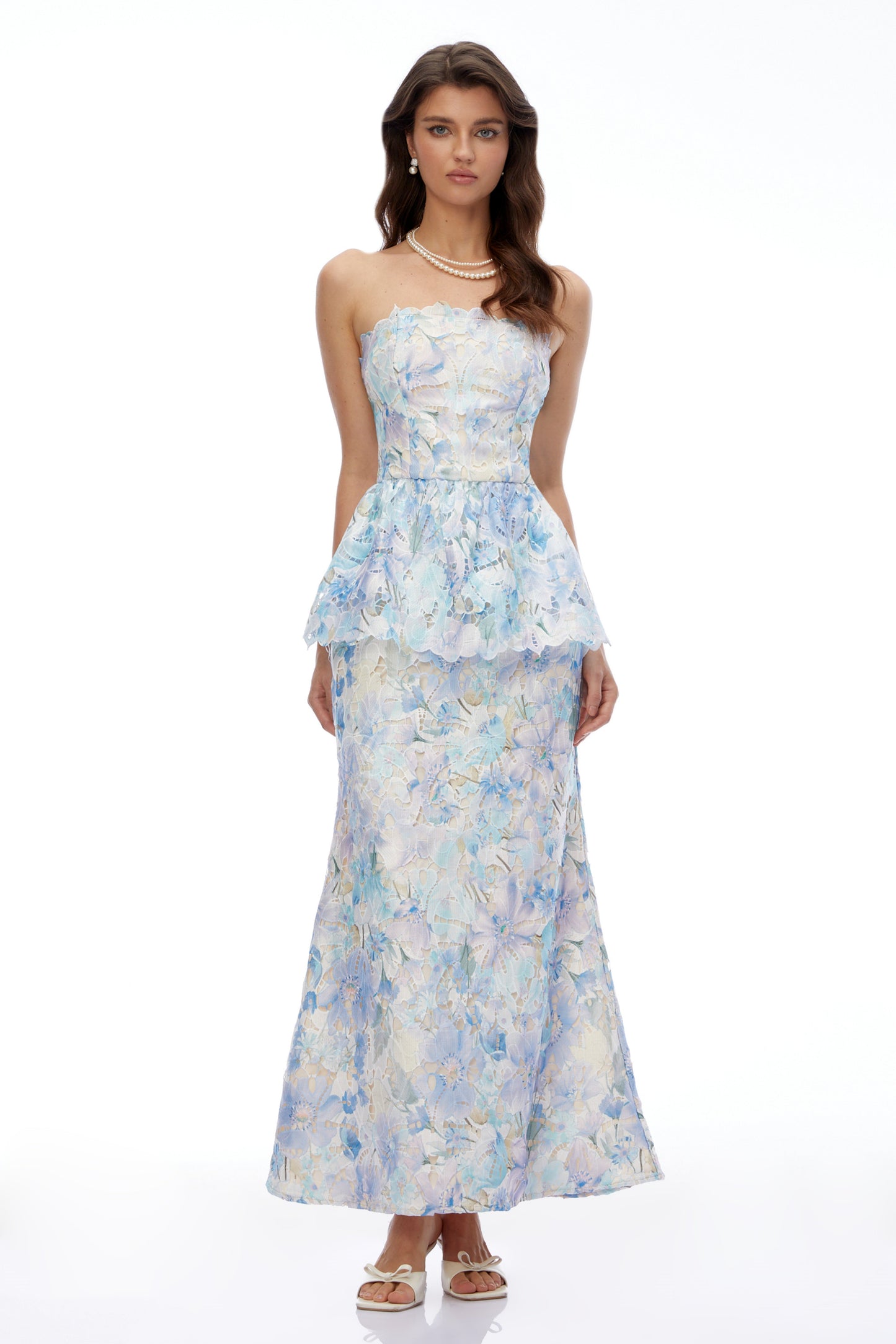 Celeste Mavi Çiçekli Straplez Peplum Maxi Elbise