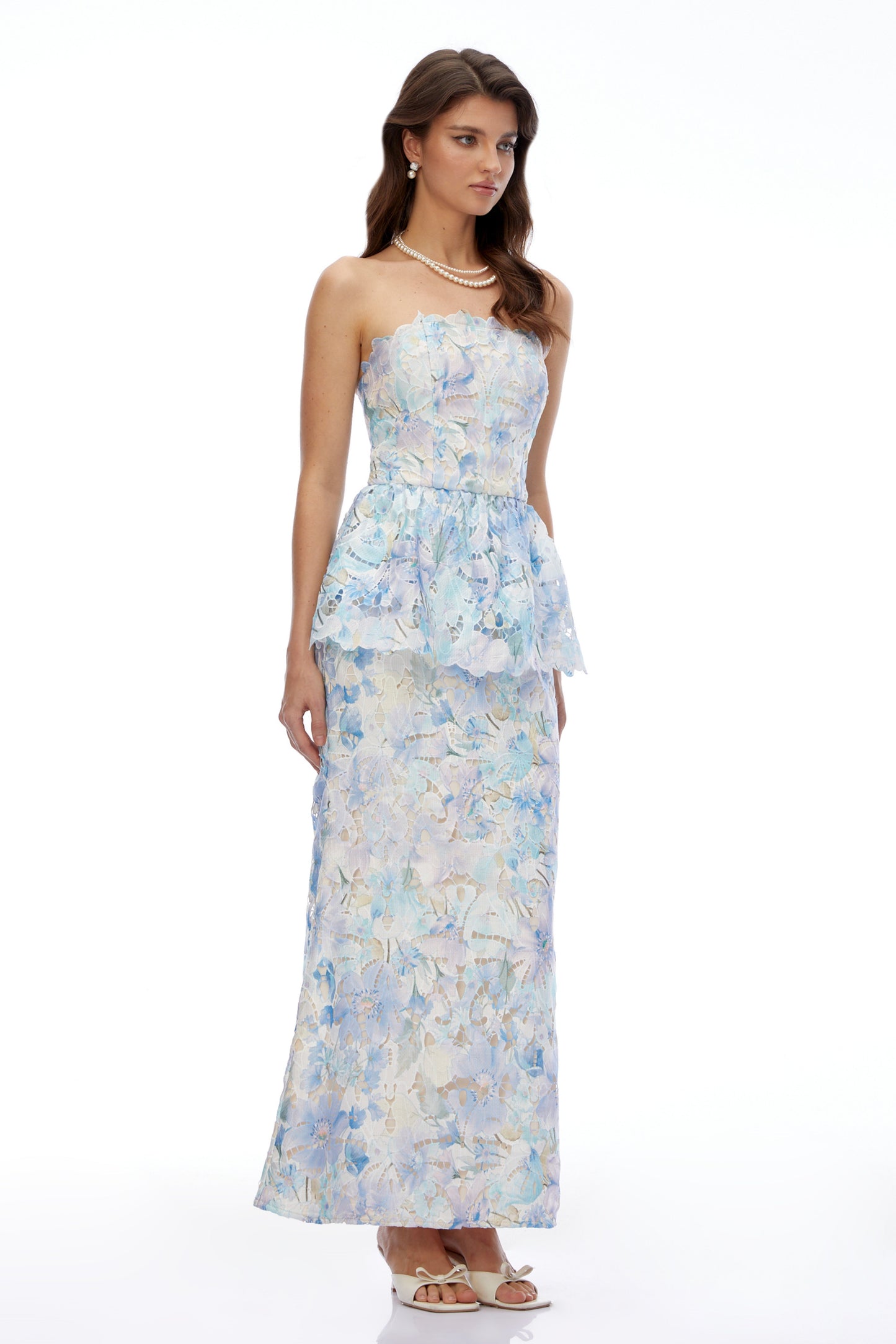 Celeste Mavi Çiçekli Straplez Peplum Maxi Elbise
