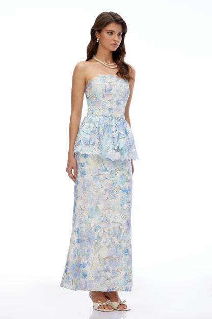 Celeste Mavi Çiçekli Straplez Peplum Maxi Elbise