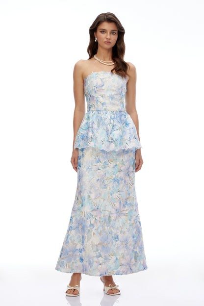 Celeste Mavi Çiçekli Straplez Peplum Maxi Elbise