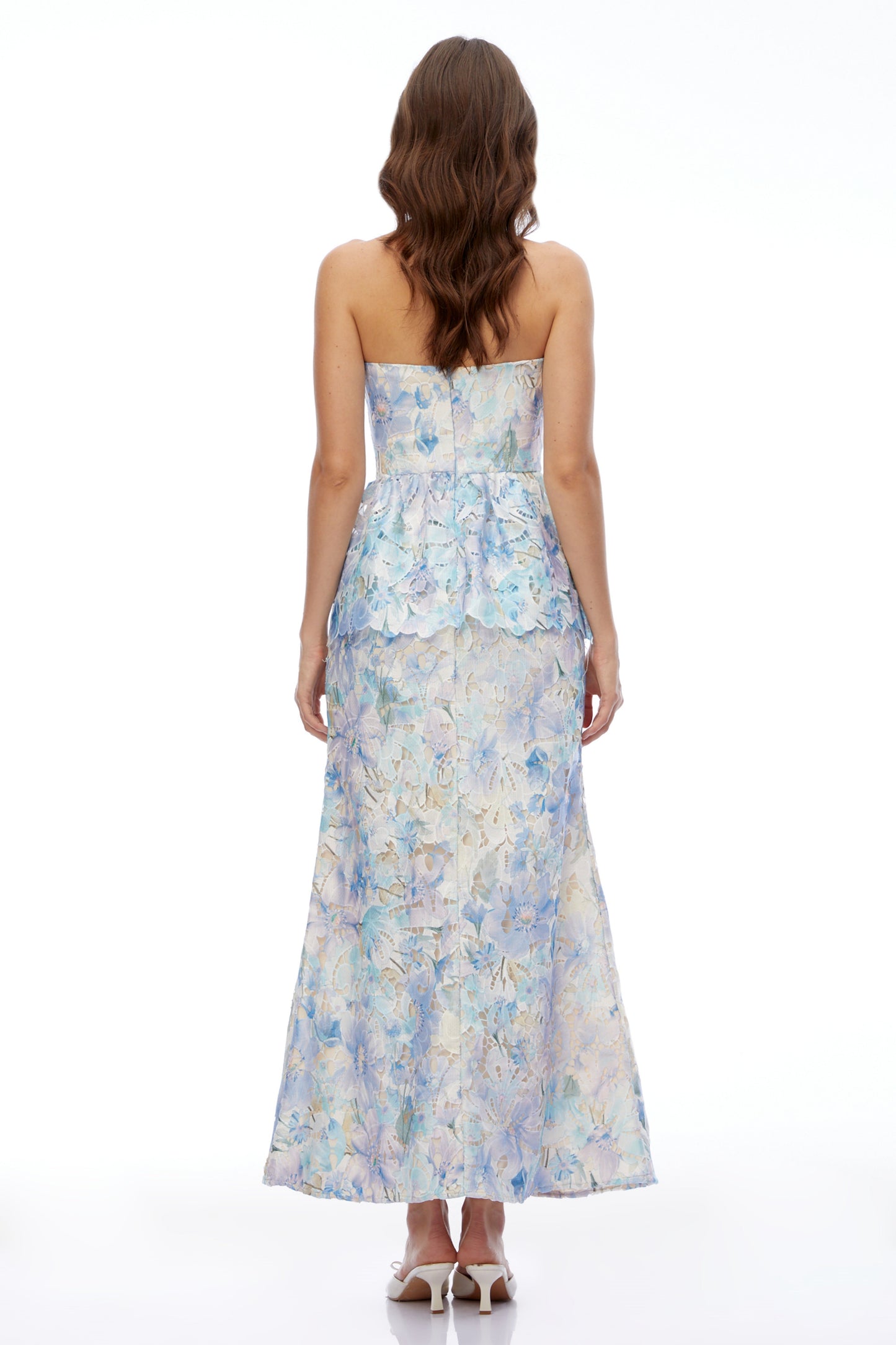 Celeste Mavi Çiçekli Straplez Peplum Maxi Elbise