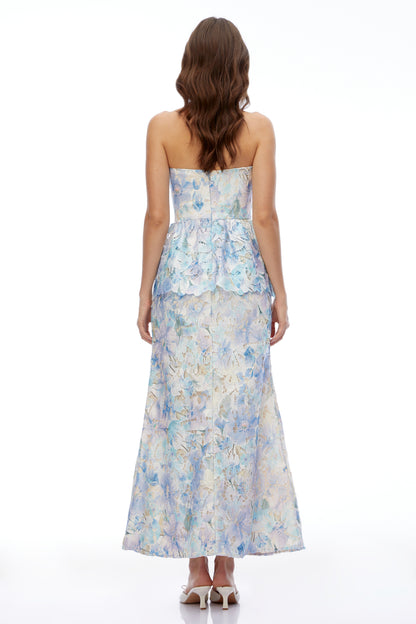 Celeste Mavi Çiçekli Straplez Peplum Maxi Elbise