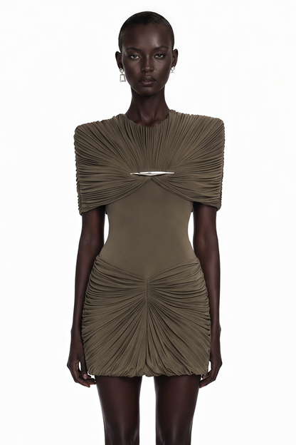Celeste Chocolate Brown Pleated Cape Mini Dress