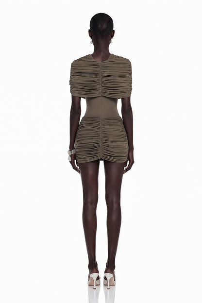 Celeste Chocolate Brown Pleated Cape Mini Dress