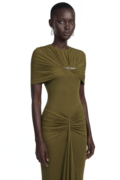 Celeste Green Pleated Cape Maxi Dress