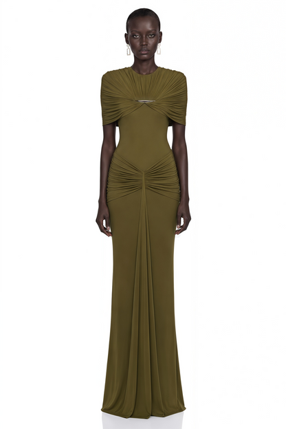 Celeste Green Pleated Cape Maxi Dress