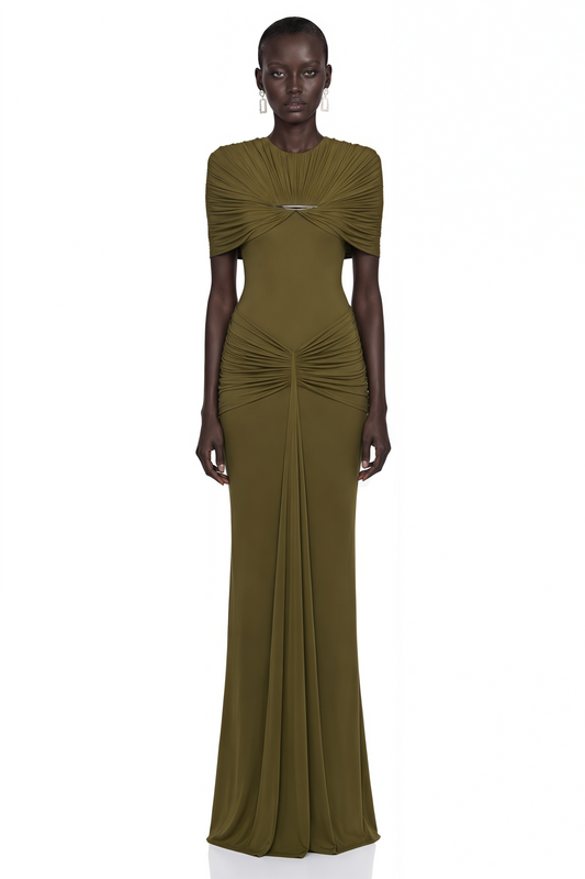 Celeste Green Pleated Cape Maxi Dress