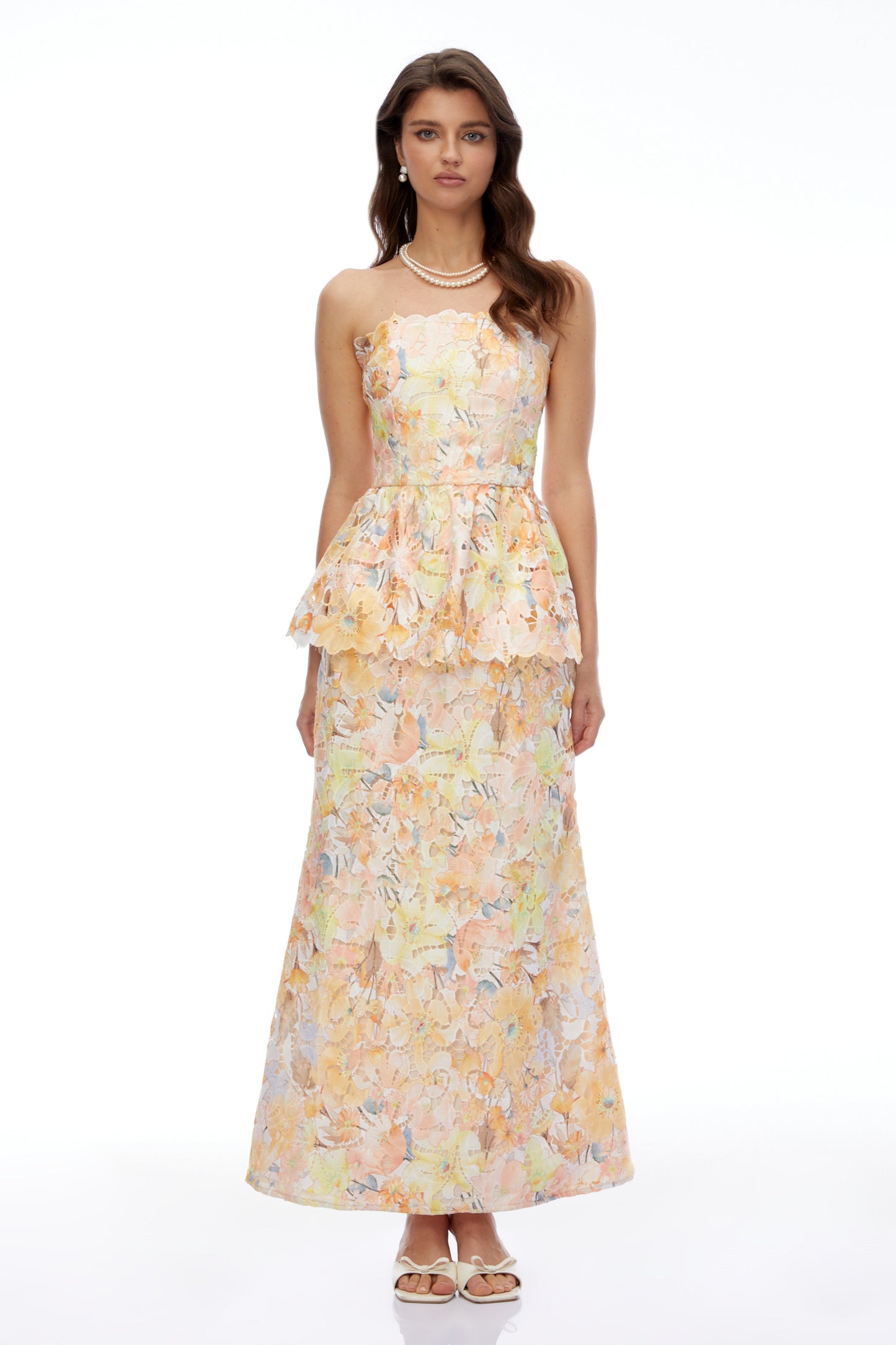 Celeste Orange Floral Strapless Peplum Maxi Dress
