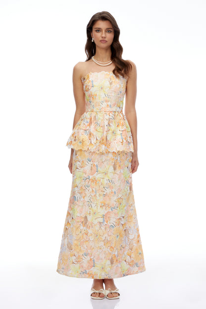 Celeste Orange Floral Strapless Peplum Maxi Dress