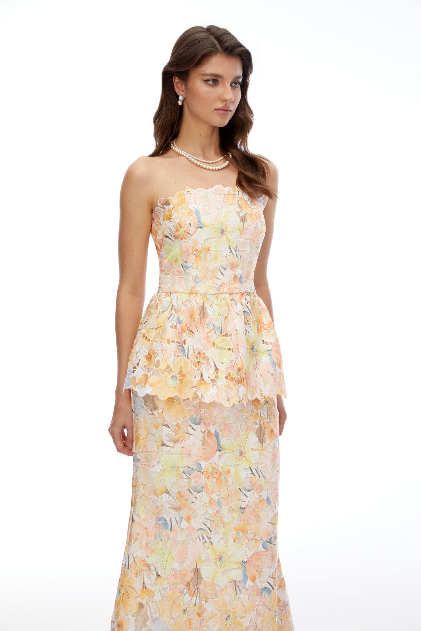 Celeste Orange Floral Strapless Peplum Maxi Dress