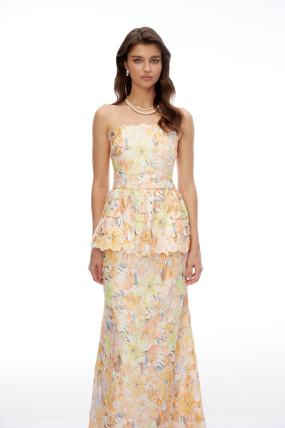Celeste Orange Floral Strapless Peplum Maxi Dress