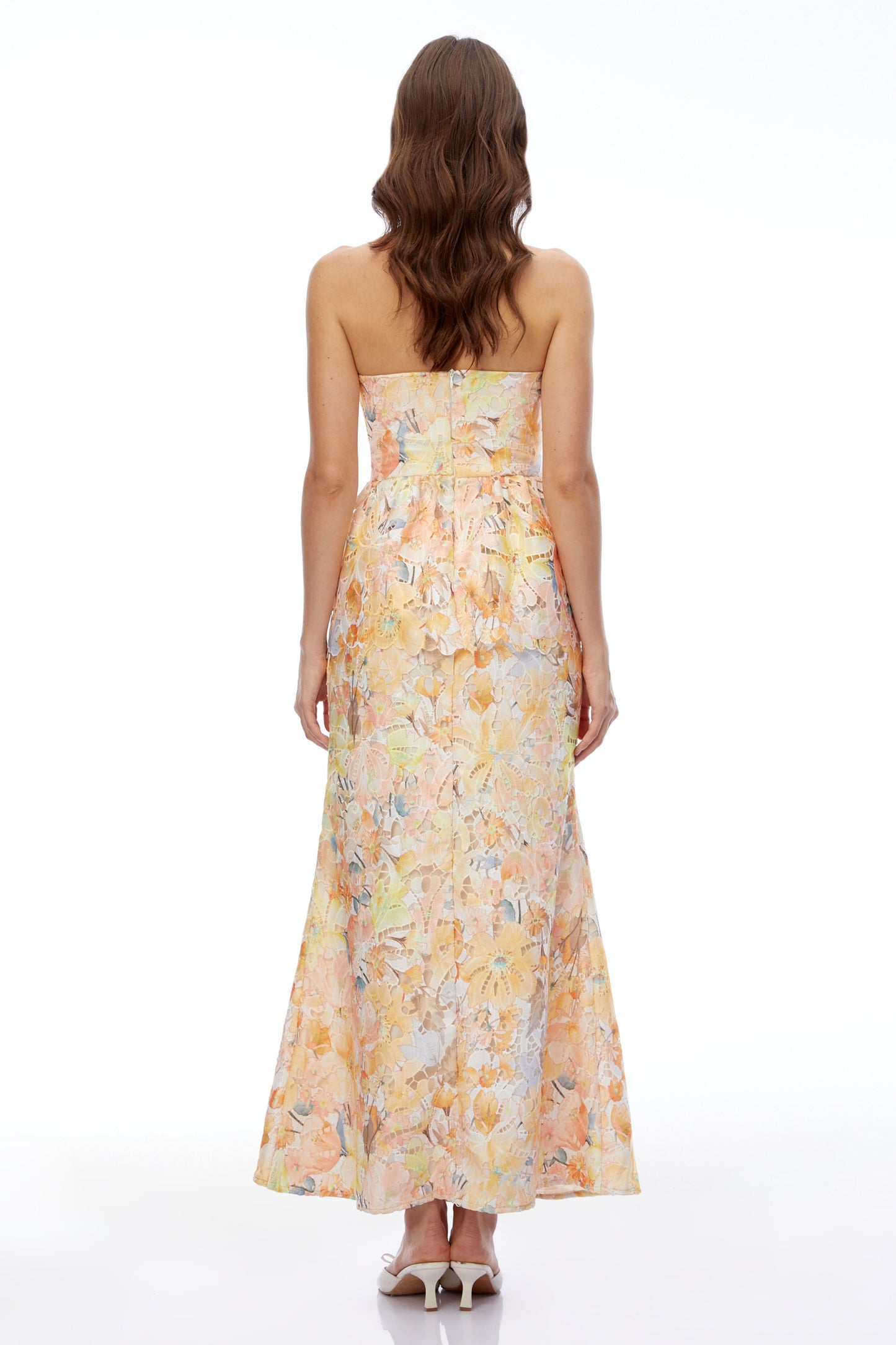 Celeste Orange Floral Strapless Peplum Maxi Dress