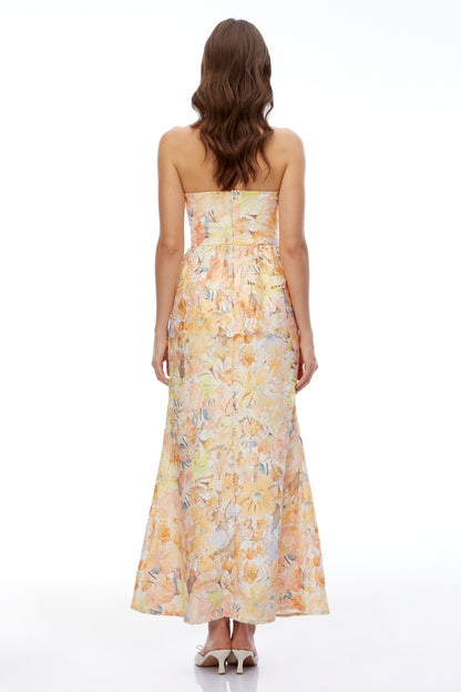 Celeste Orange Floral Strapless Peplum Maxi Dress