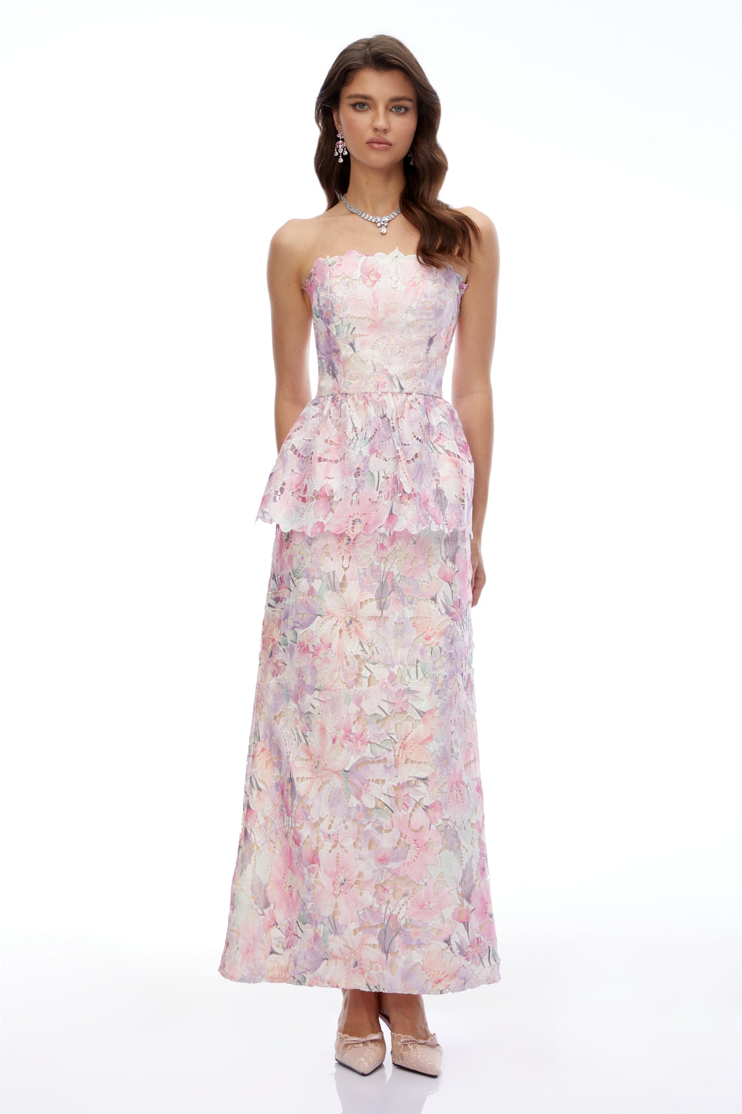 Céleste Pembe Çiçekli Straplez Peplum Maxi Elbise
