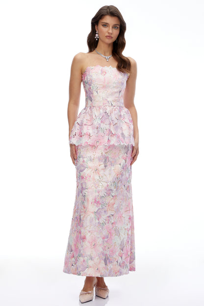 Céleste Pembe Çiçekli Straplez Peplum Maxi Elbise