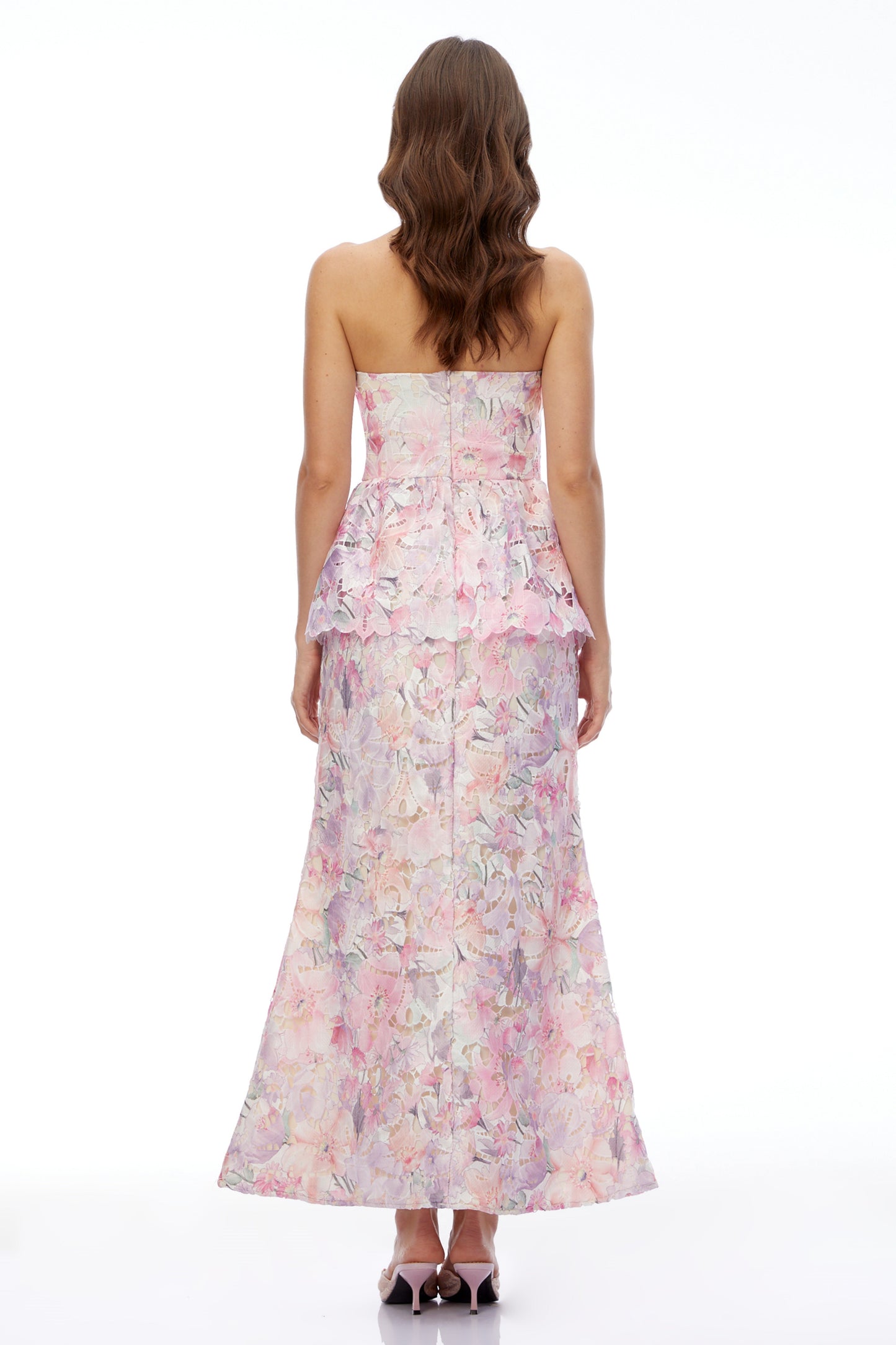 Céleste Pembe Çiçekli Straplez Peplum Maxi Elbise