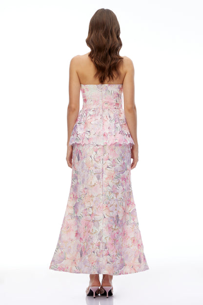Céleste Pembe Çiçekli Straplez Peplum Maxi Elbise