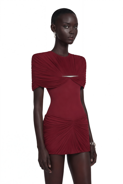 Celeste Red Pleated Cape Mini Dress
