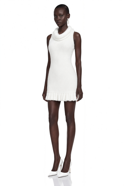 Celeste White Cowl Neck Fuzzy Knit Mini Dress