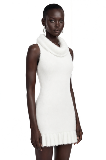 Celeste White Cowl Neck Fuzzy Knit Mini Dress