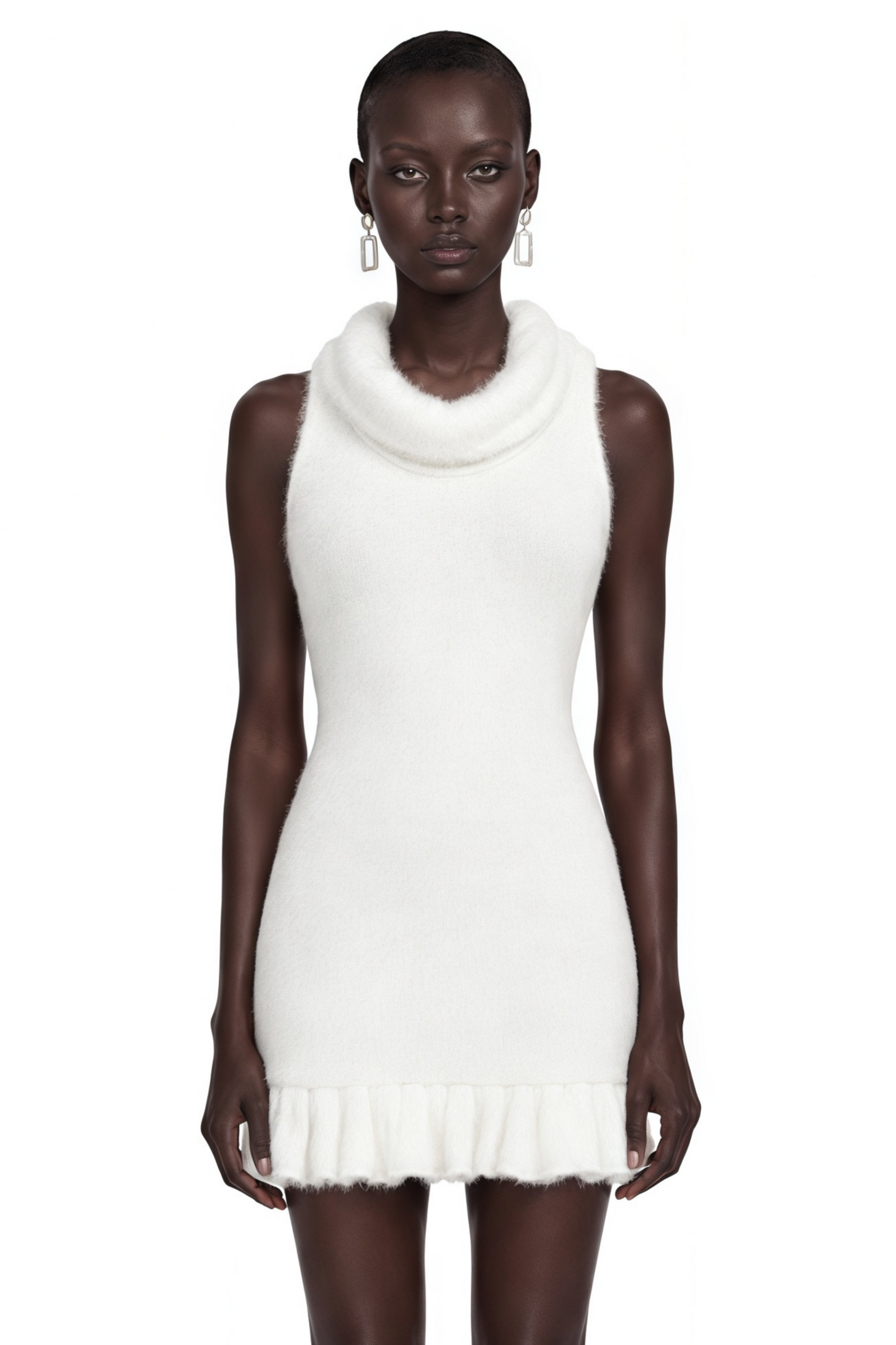 Celeste White Cowl Neck Fuzzy Knit Mini Dress