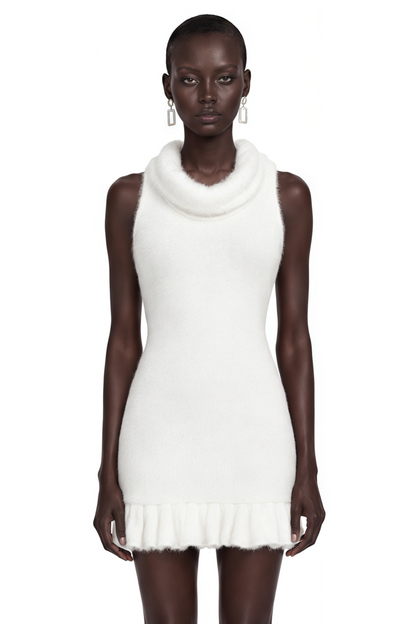 Celeste White Cowl Neck Fuzzy Knit Mini Dress