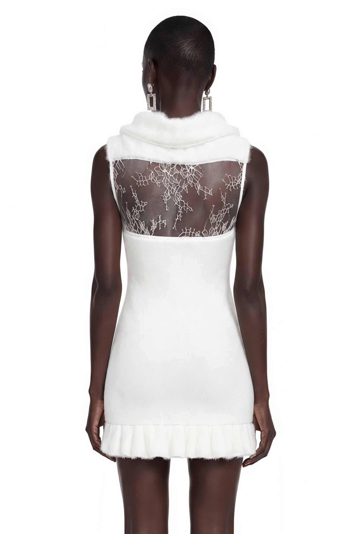 Celeste White Cowl Neck Fuzzy Knit Mini Dress