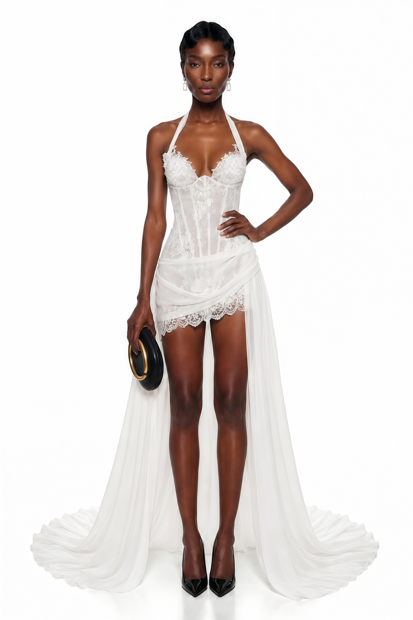 Céleste White Halterneck Floral Lace Mini Dress with Train