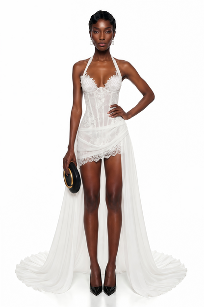 Céleste White Halterneck Floral Lace Mini Dress with Train